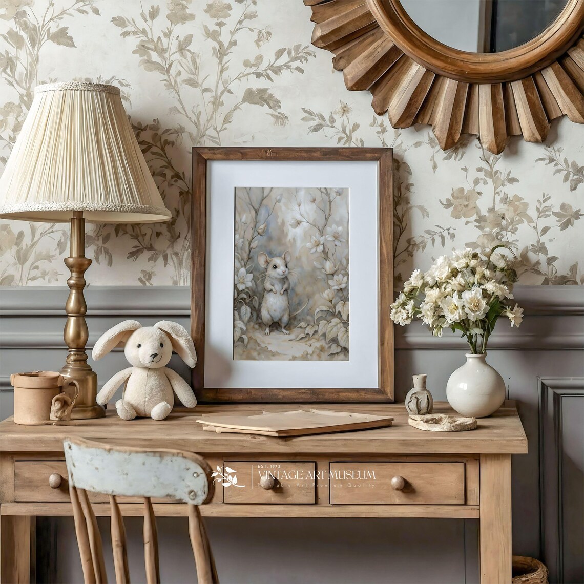 Cute Mouse in Blooming Forest, Vintage Nursery Art - Image 2