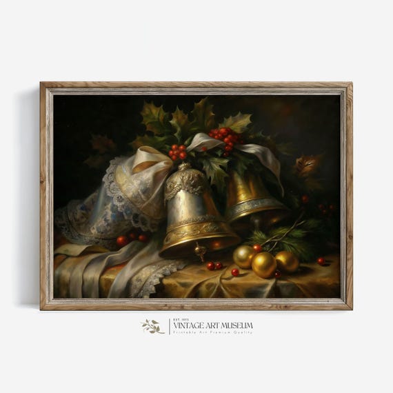 Antique Jingle Bells Christmas Print Moody Wall Art Winter Still Life Vintage Style Painting Dark Cottagecore Decor 397