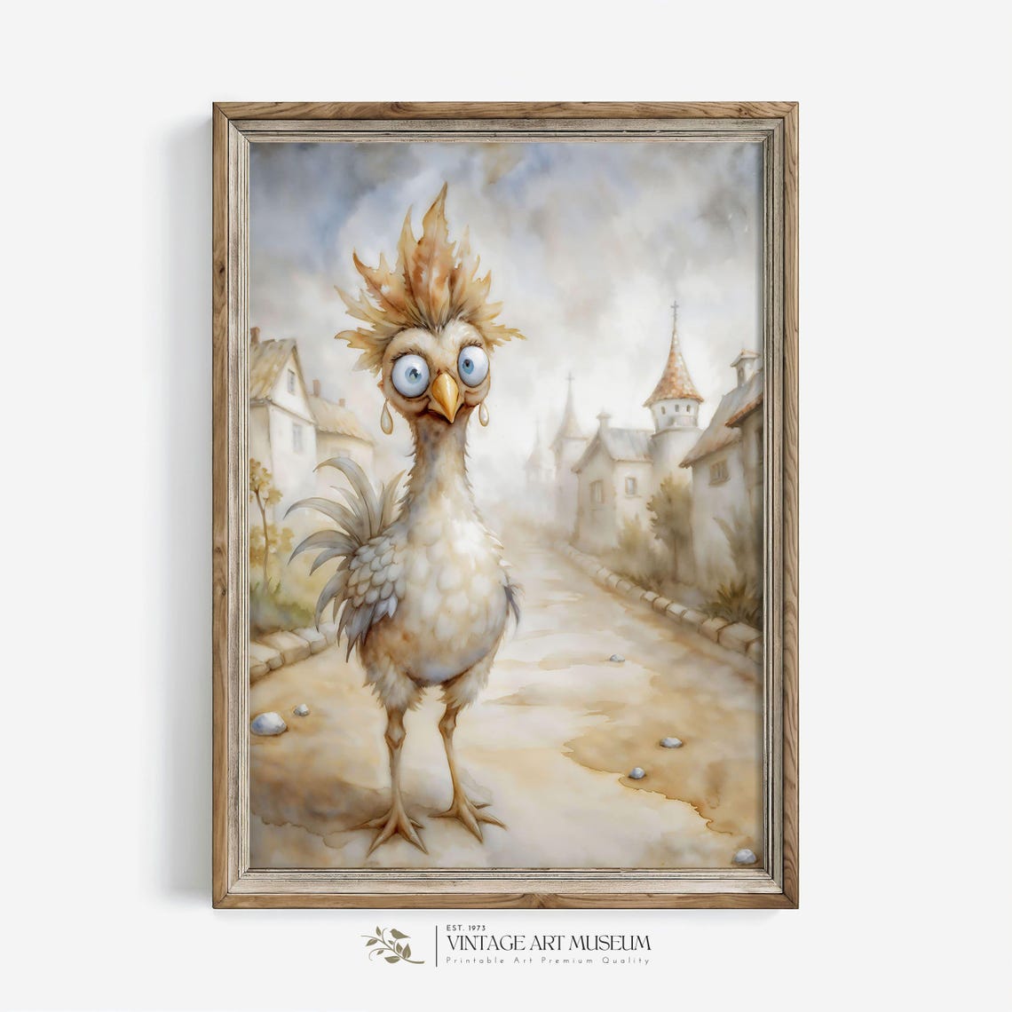 Whimsical Cartoon Rooster With Big Eyes on Old Village Street Poster