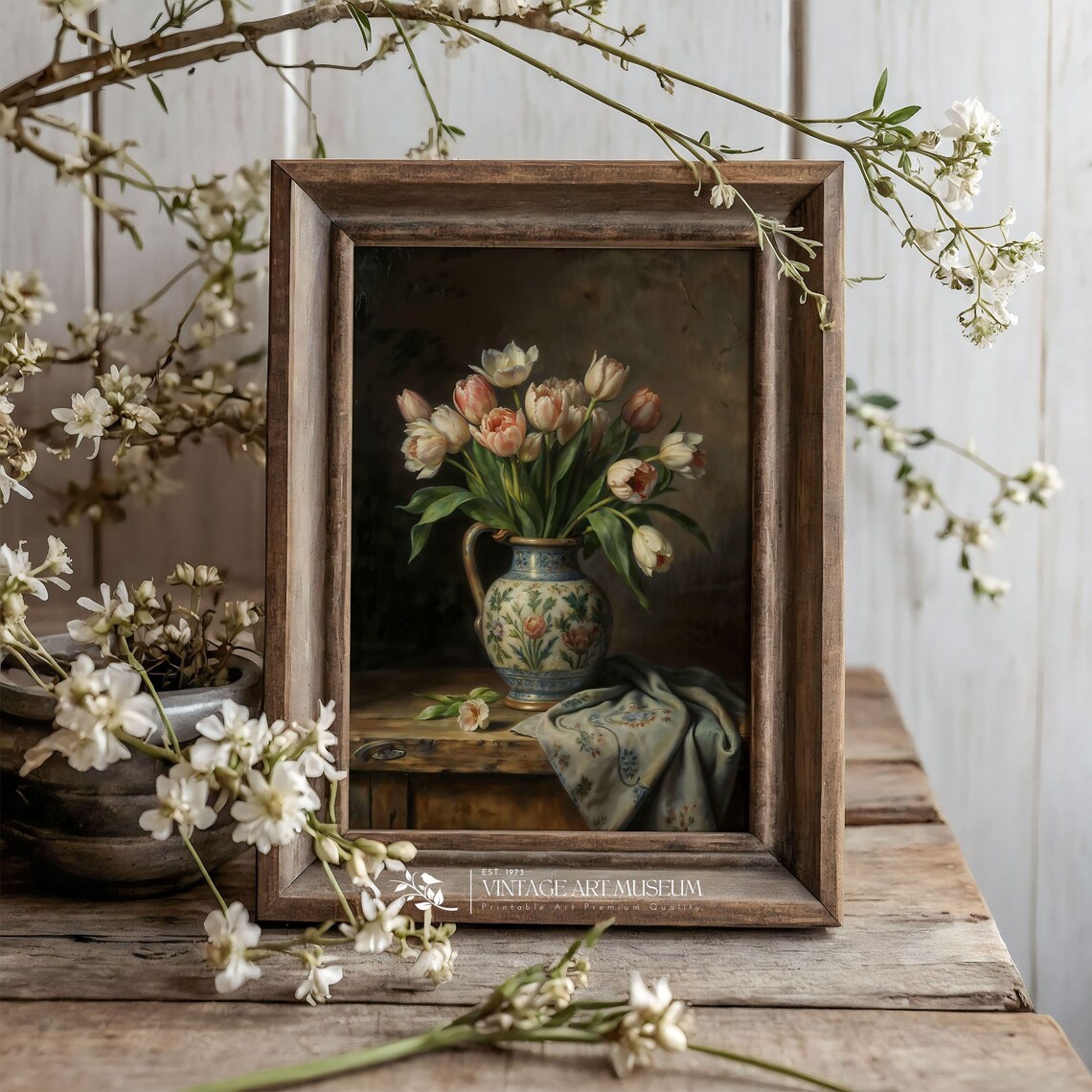 Tulips in Ornate Floral Pitcher Dutch Style Still Life Poster - Image 3