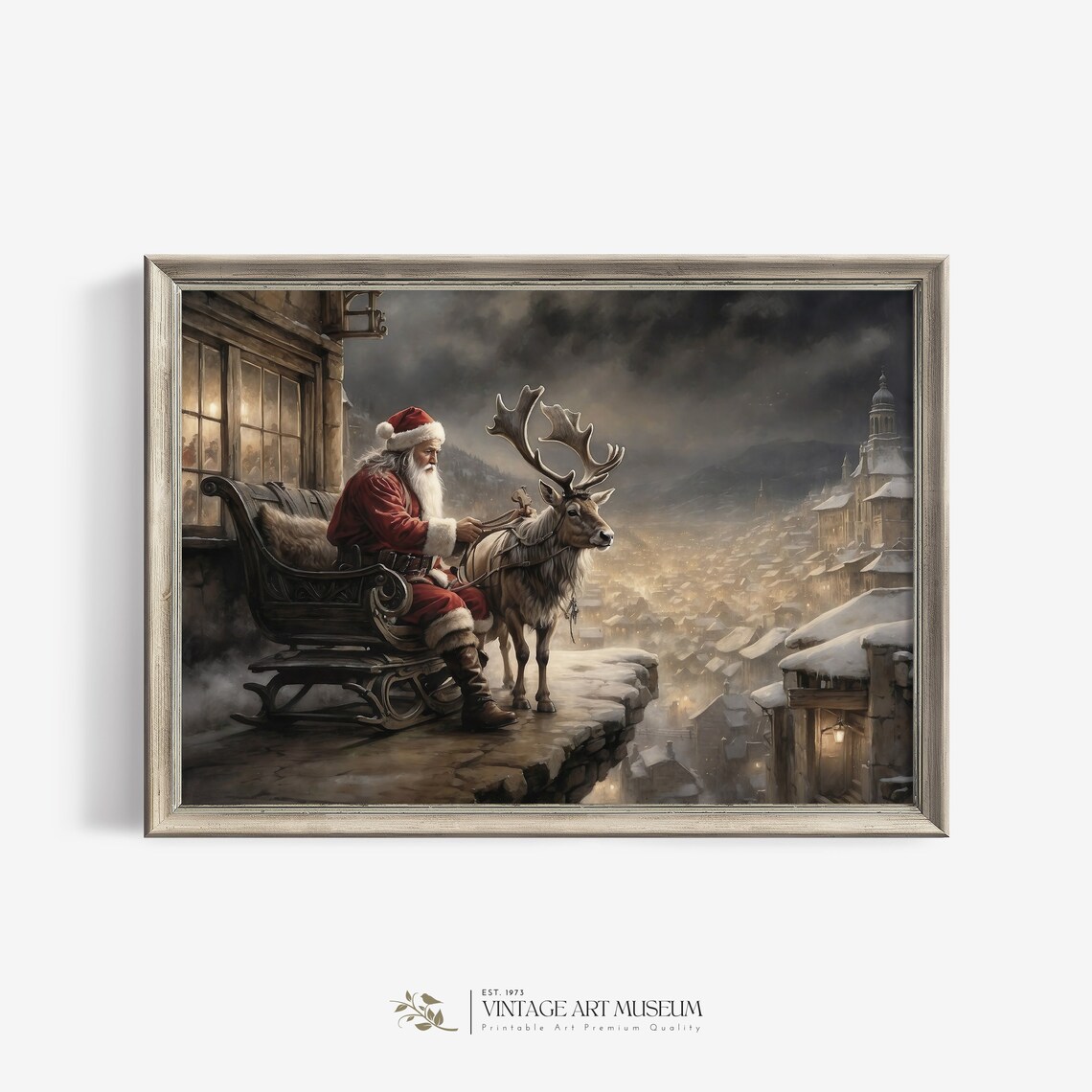 Santa Deer Christmas Village Art Print, Festive Decor - Image 3