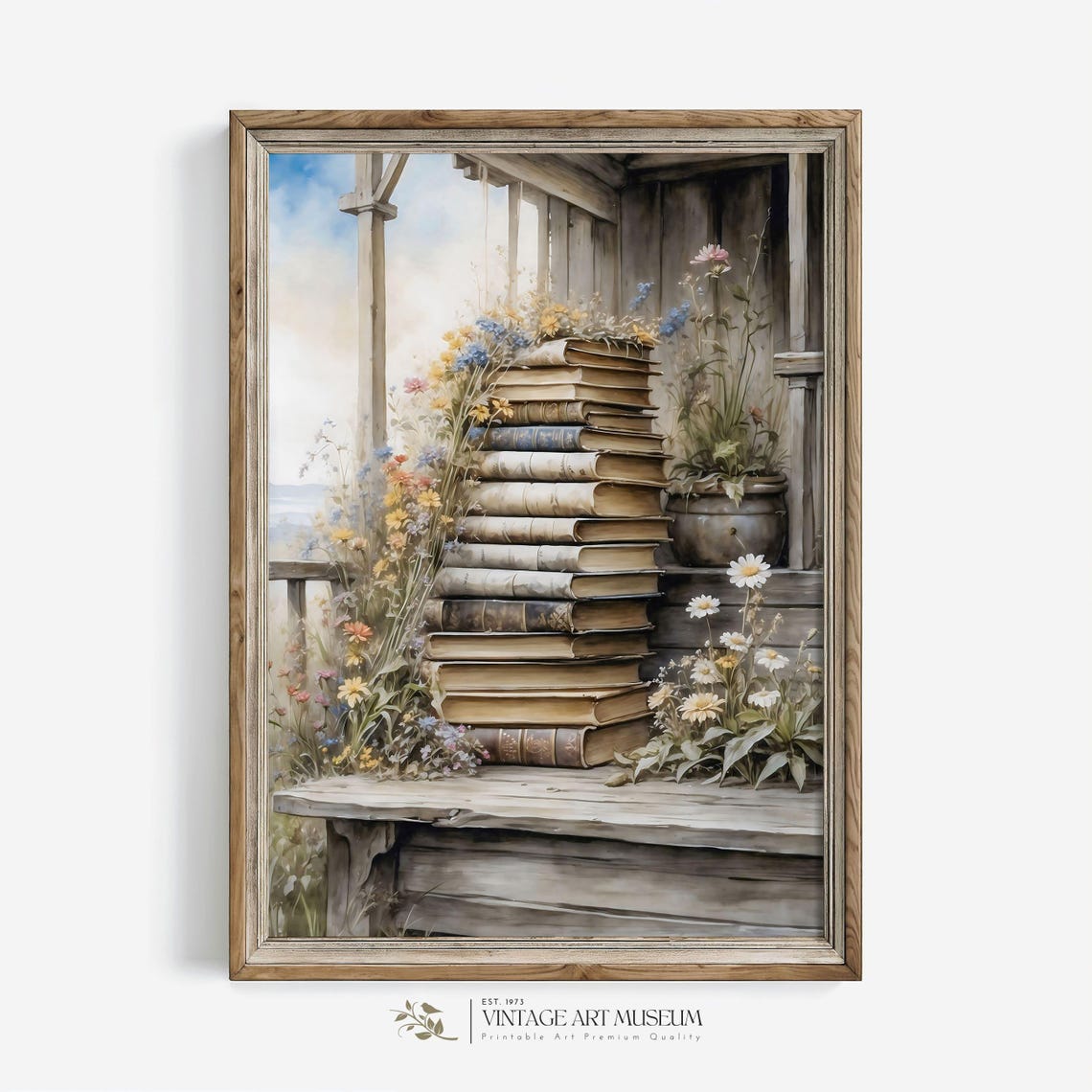 Stack of Antique Books with Wildflowers Watercolor Library Wall Art