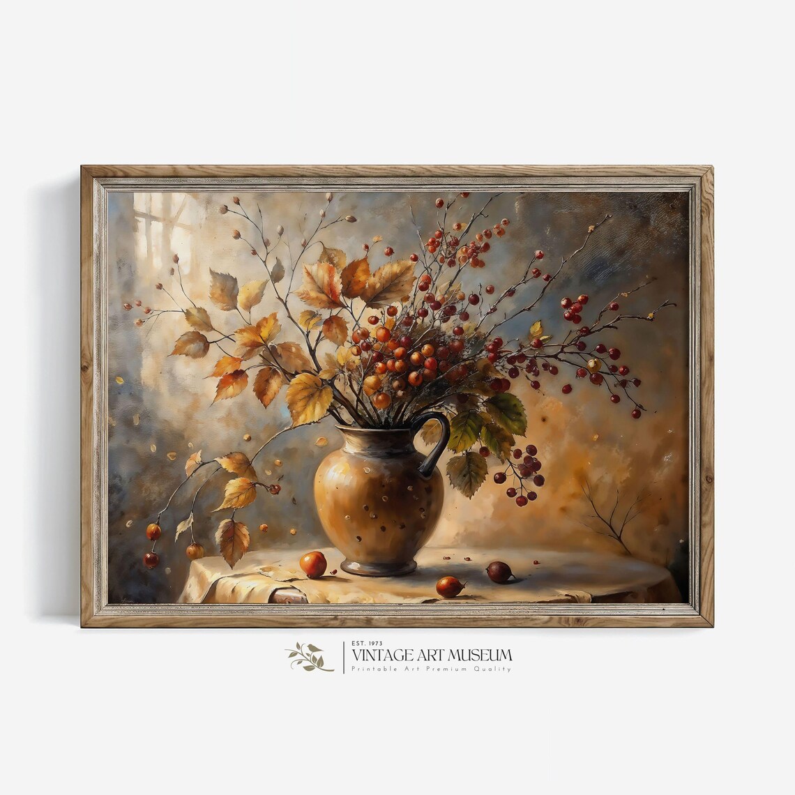 Autumn Berry Bouquet in Ceramic Pitcher Still Life Oil Painting Wall Art