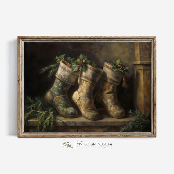 Vintage Christmas Socks Holiday Still Life Moody Wall Art Greenery Tone Oil Painting For Rustic Cottagecore Decor 304