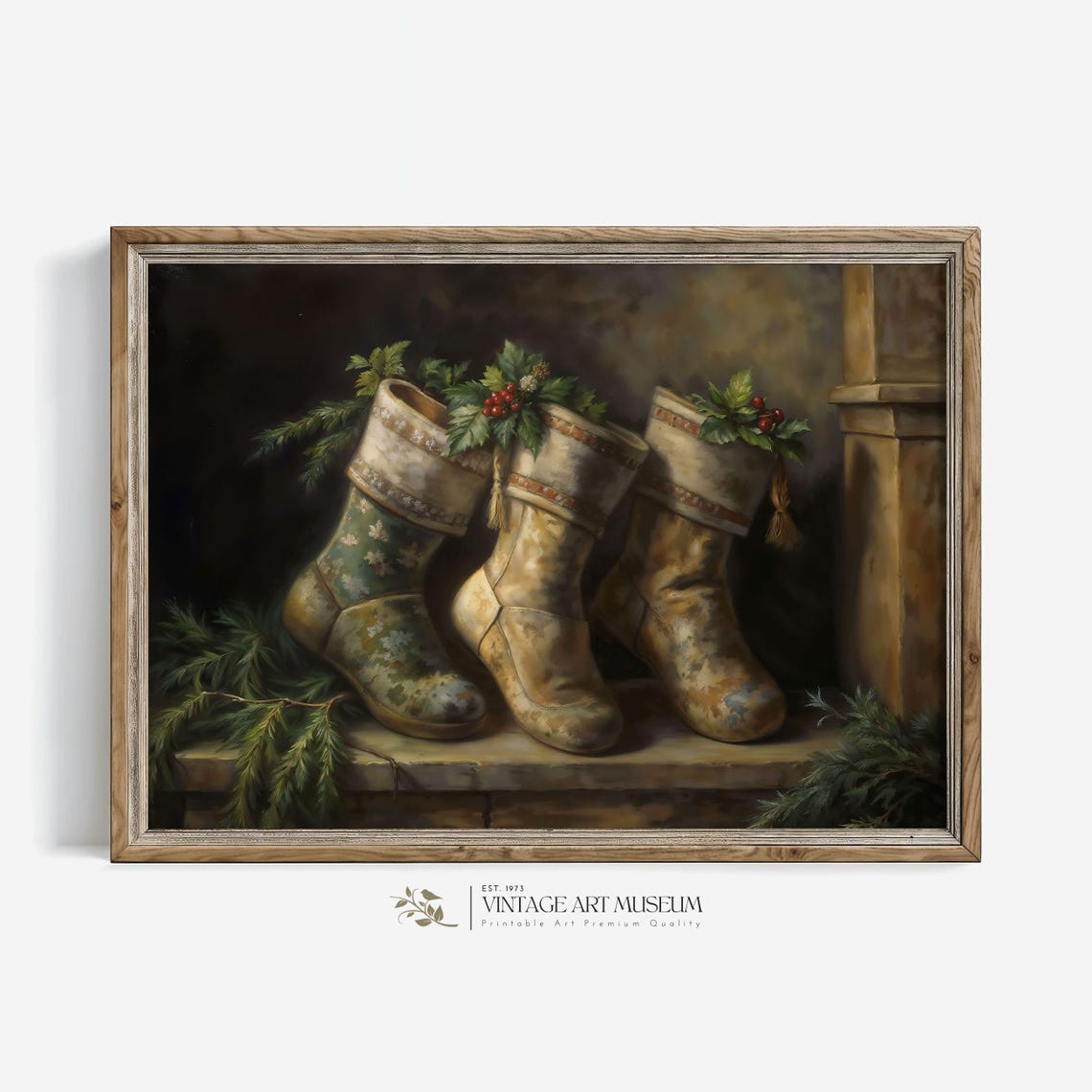 Three Vintage Christmas Stockings Filled With Holly on Mantel Poster