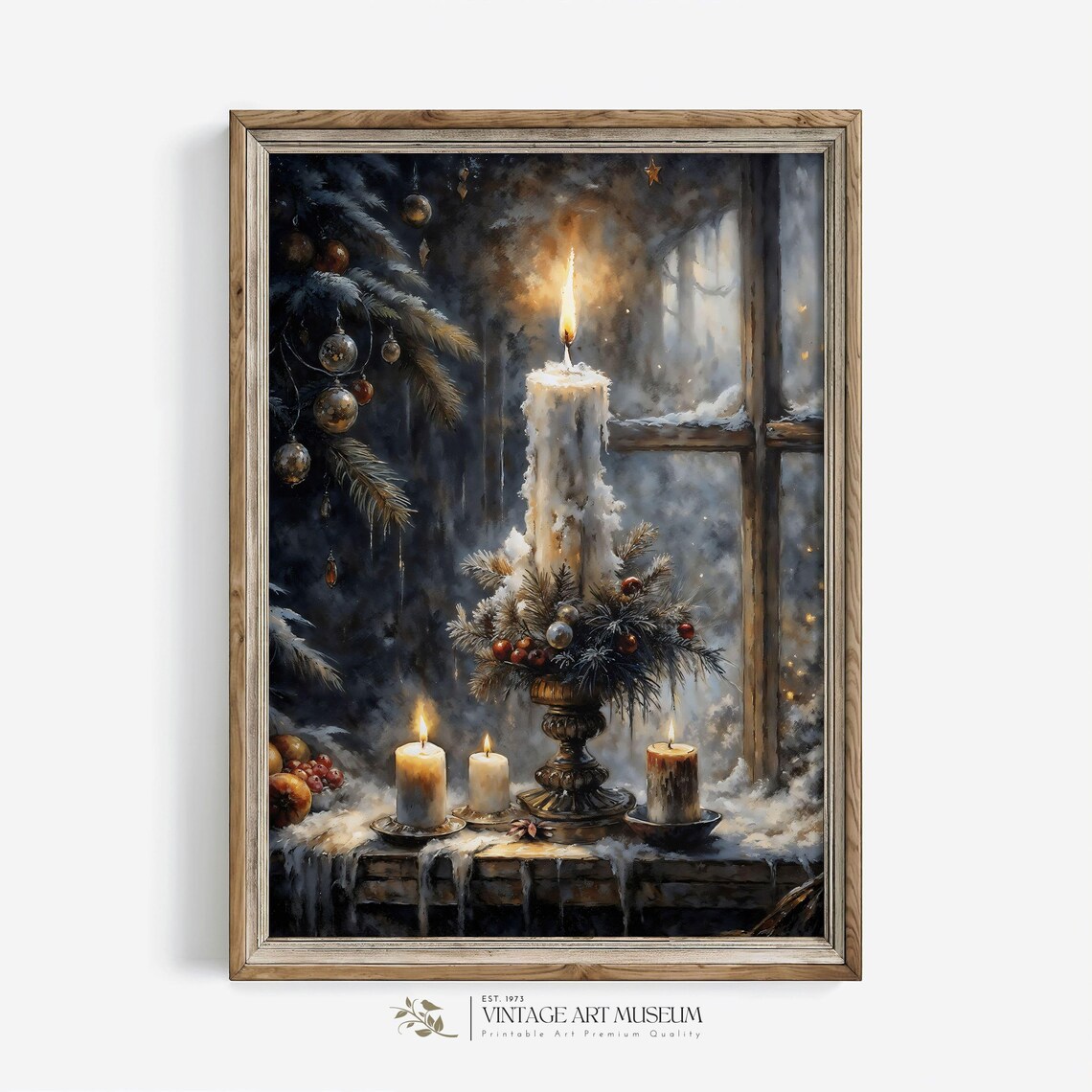Lit Christmas Candle by Snowy Window Dark Moody Holiday Wall Art