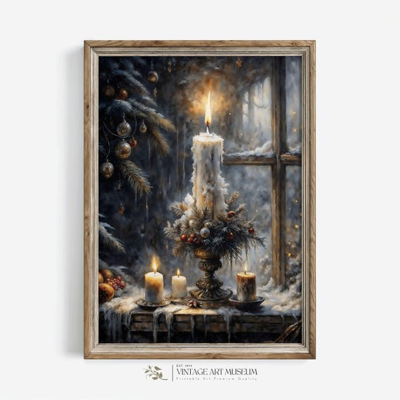 Dark Still Life Christmas Candle Print Moody Wall Art Vintage Style Oil Painting Artwork Rustic Holiday Decor 406