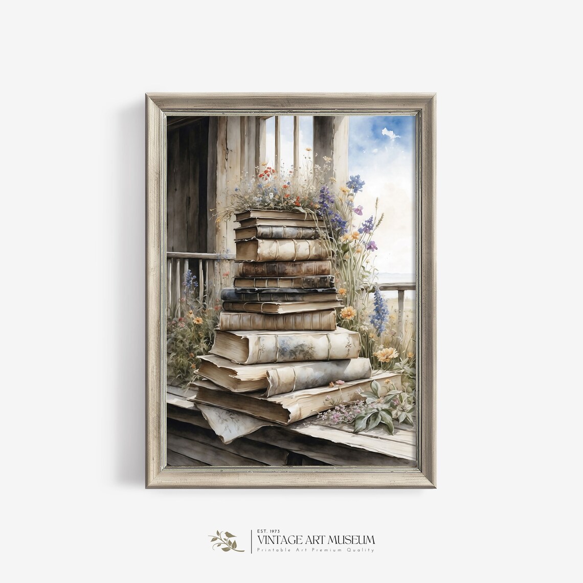 Stack Of Old Books With Wildflowers Watercolor Art Print - Image 3