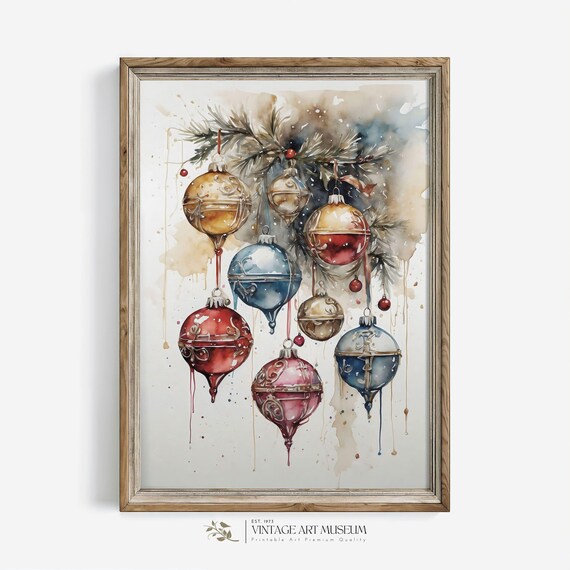 Rustic Watercolor Glistening Ornaments Christmas Art Print
