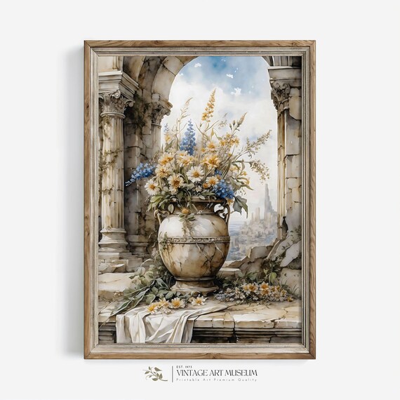 Ancient Stone Vase with Wildflowers Watercolor Classical Wall Art