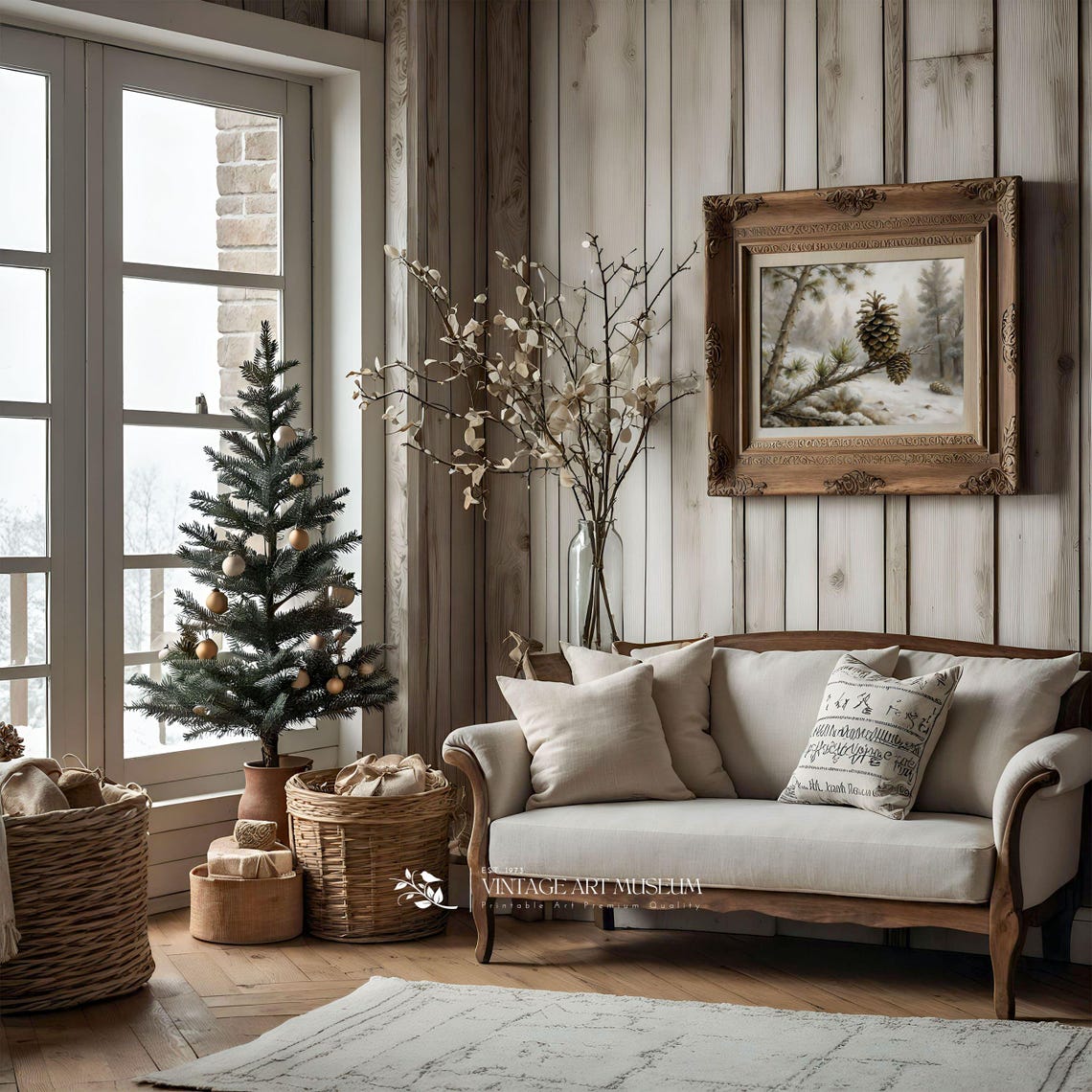 Pine Cone on Snow Covered Branch in Misty Winter Forest Poster - Image 2