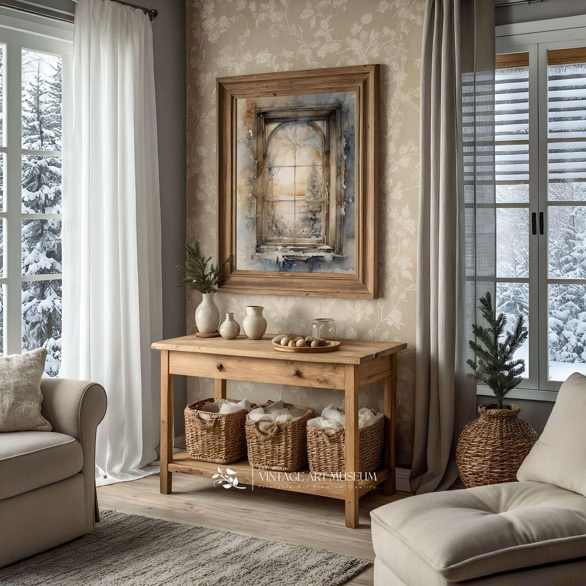 Frosty Arched Window Looking Out on a Snowy Winter Landscape Poster - Image 2