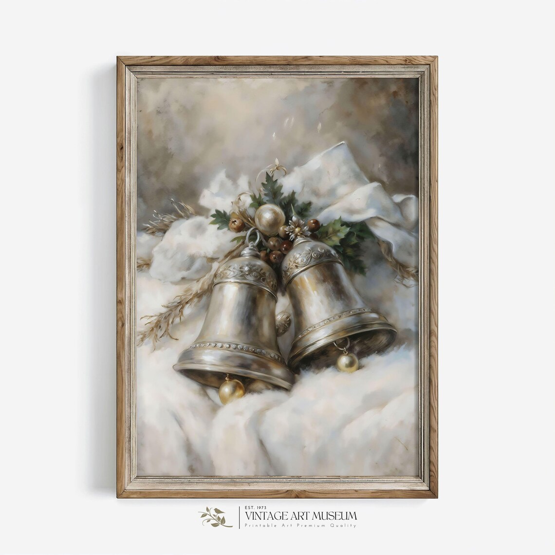 Two Silver Christmas Bells, Cozy Vintage Winter Print