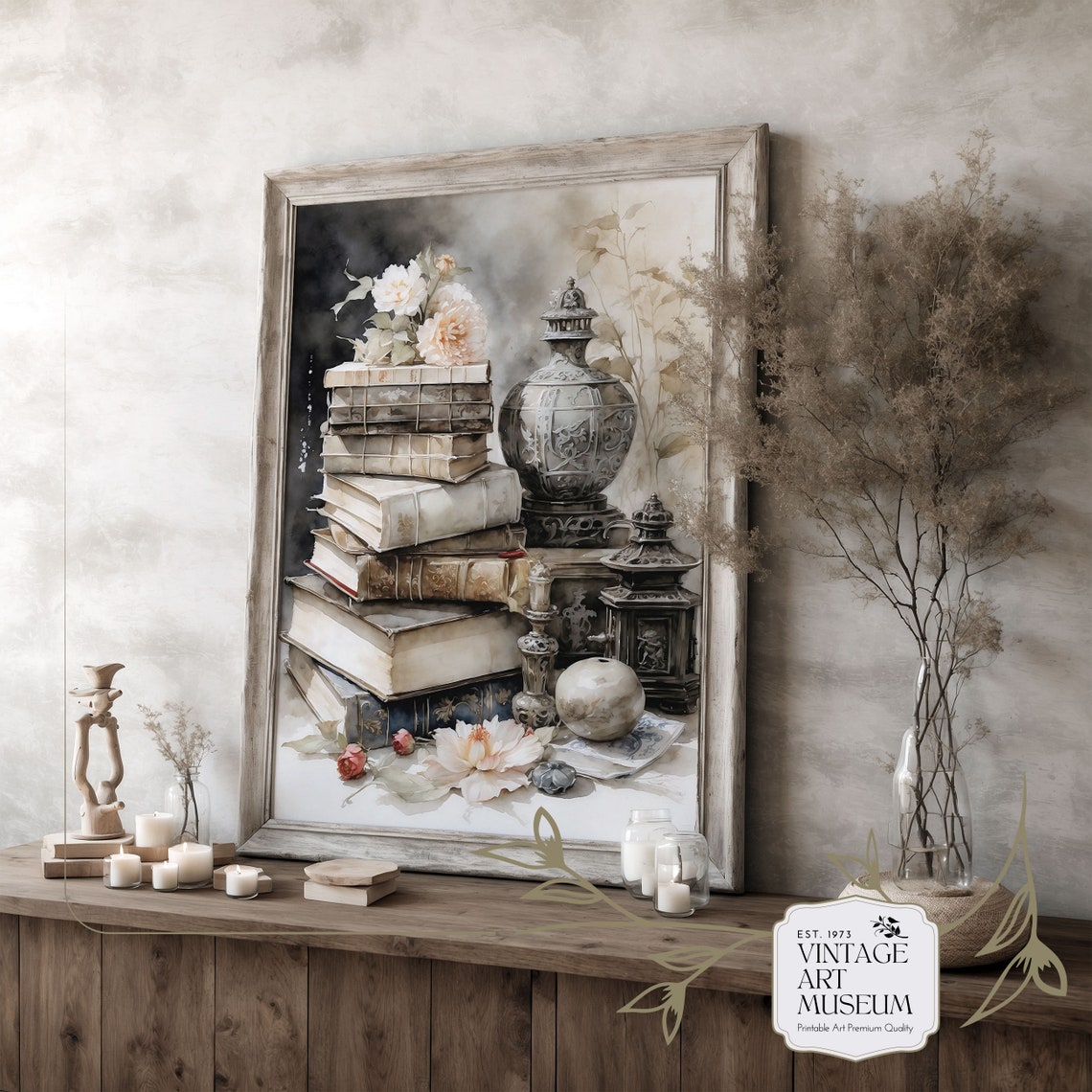 Antique Book Stack Still Life Silver Vase Flowers Library Decor Poster - Image 2
