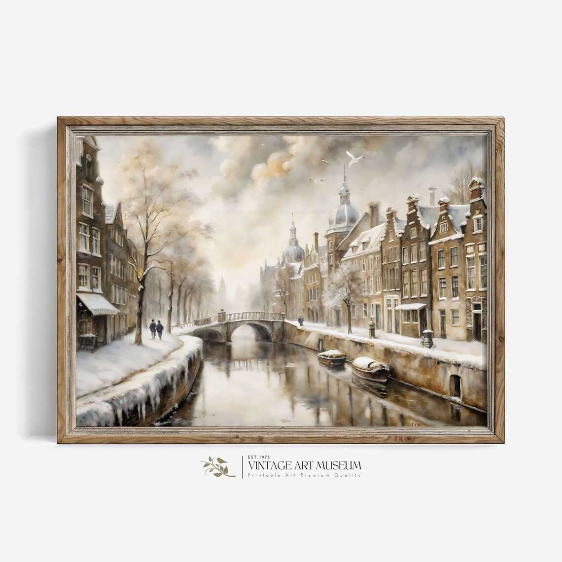 Winter Amsterdam Canal with Bridge Snowy Gabled Houses Wall Art