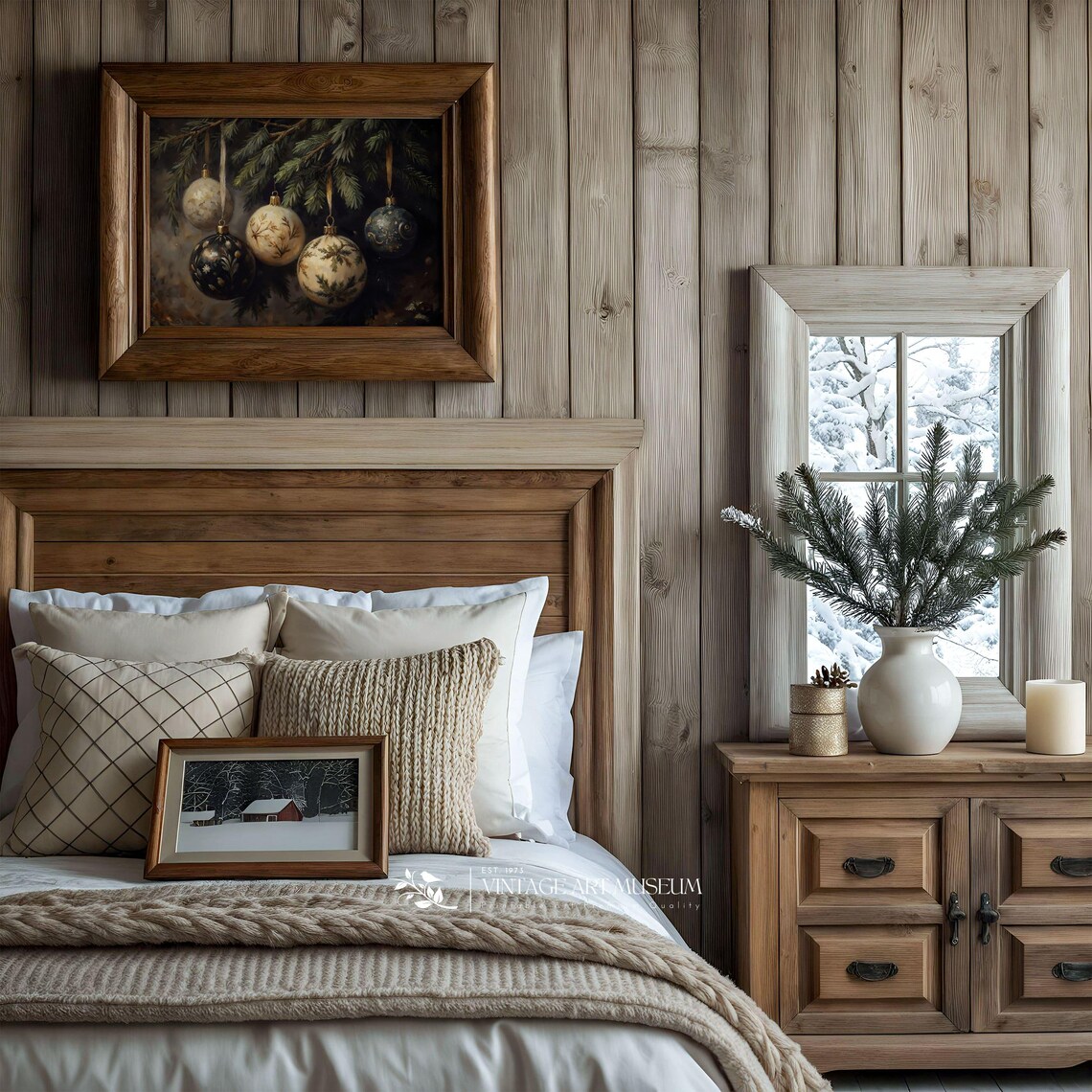 Christmas Ornaments on Pine Branch, Rustic Holiday Print