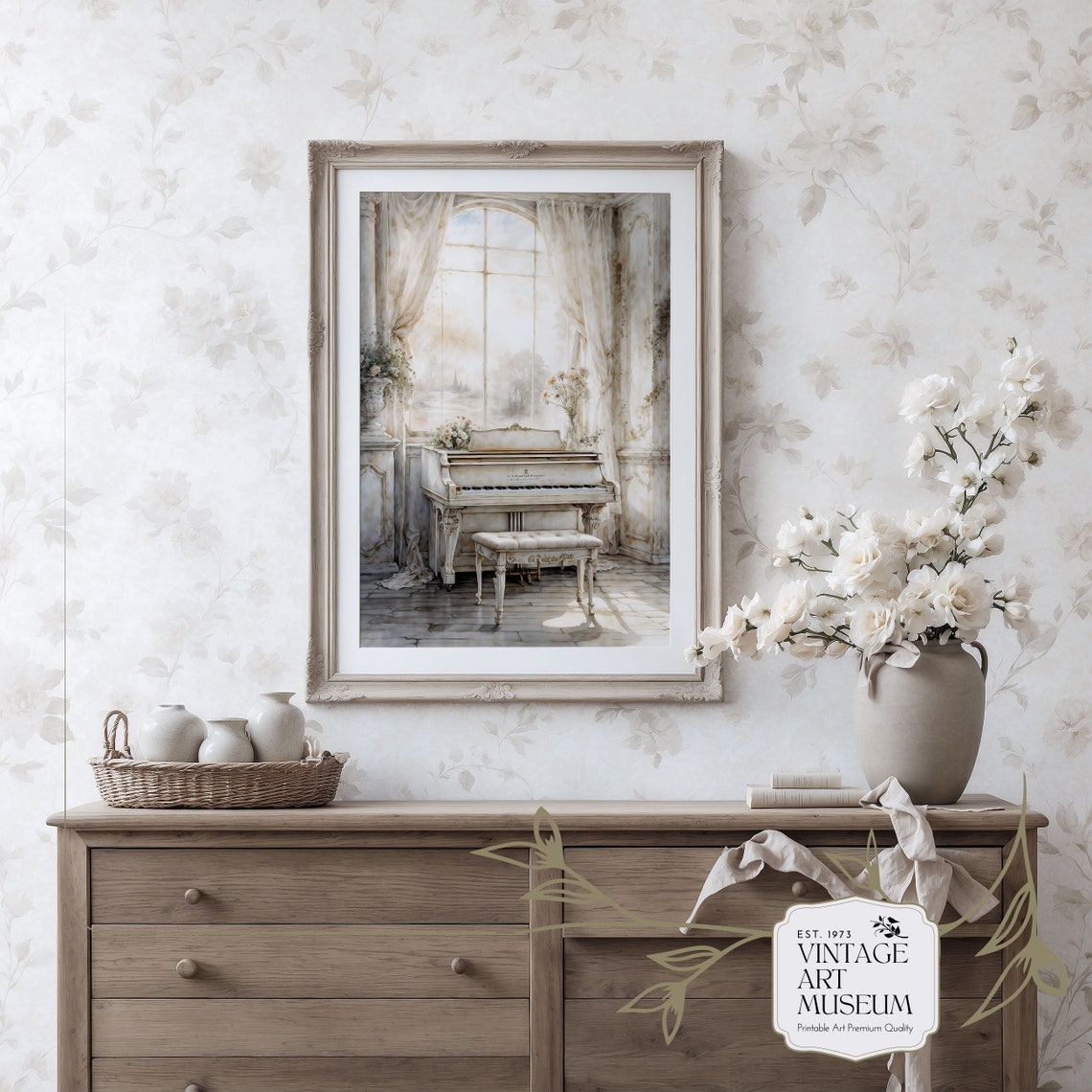 White Grand Piano by Sunlit Window Elegant Watercolor Wall Art - Image 2
