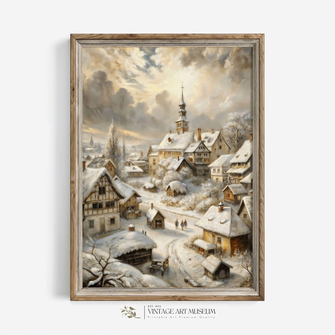 Neutral Winter Wonderland German Village Vintage Art Print