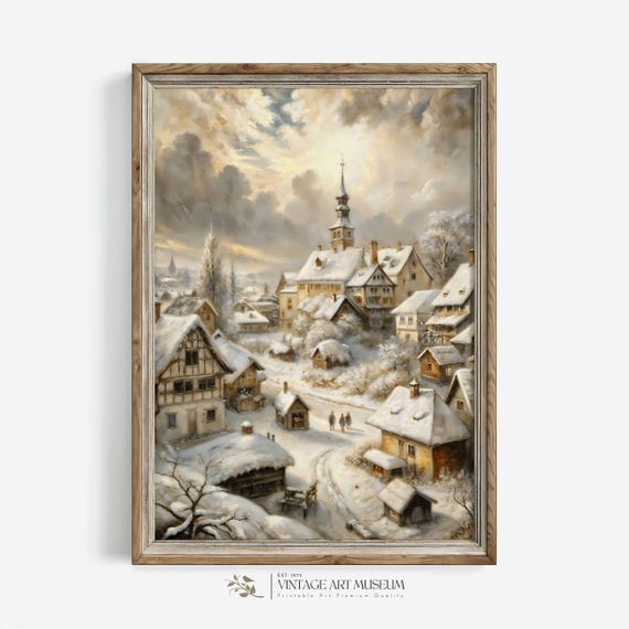 Neutral Winter Wonderland German Village Vintage Art Print