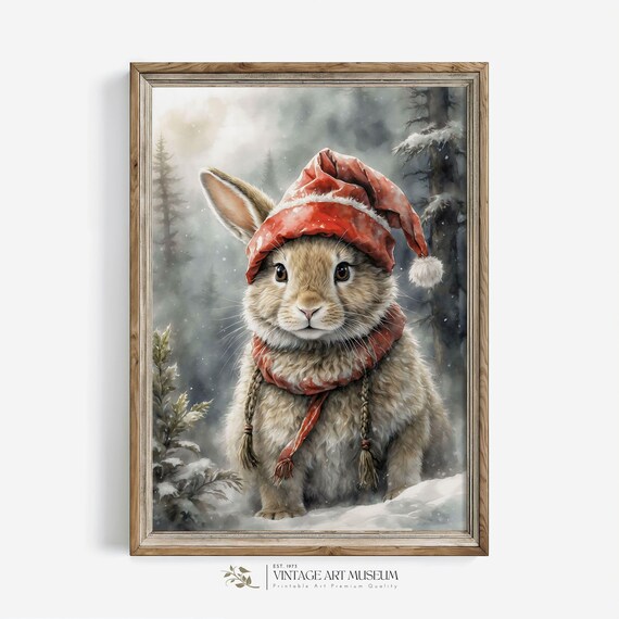 Christmas Bunny in Santa's Hat Vintage Holiday Art Print