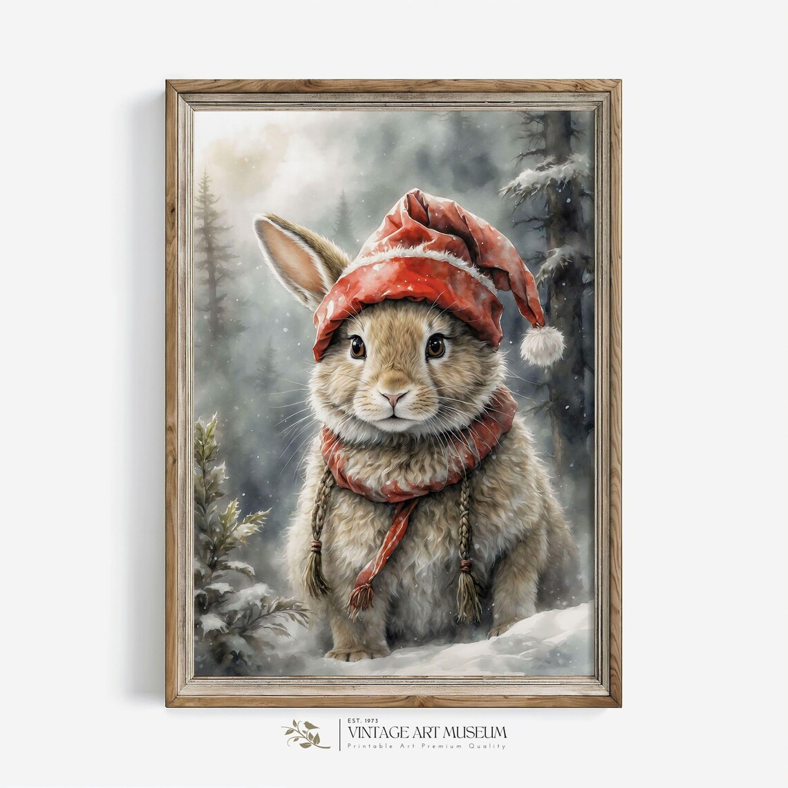 Christmas Bunny in Santa's Hat Vintage Holiday Art Print