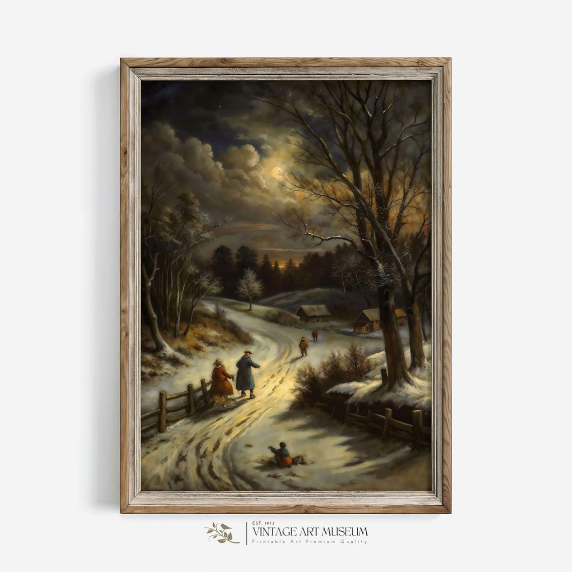Moonlit Winter Night With Figures on a Snowy Country Road Poster