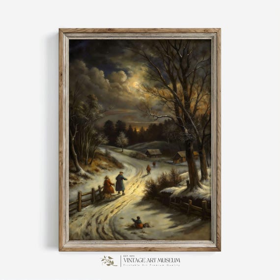 Winter Country Evening Christmas Print Moody Dark Snowy Village Wall Art Painting Vintage Style Cottagecore Decor 182