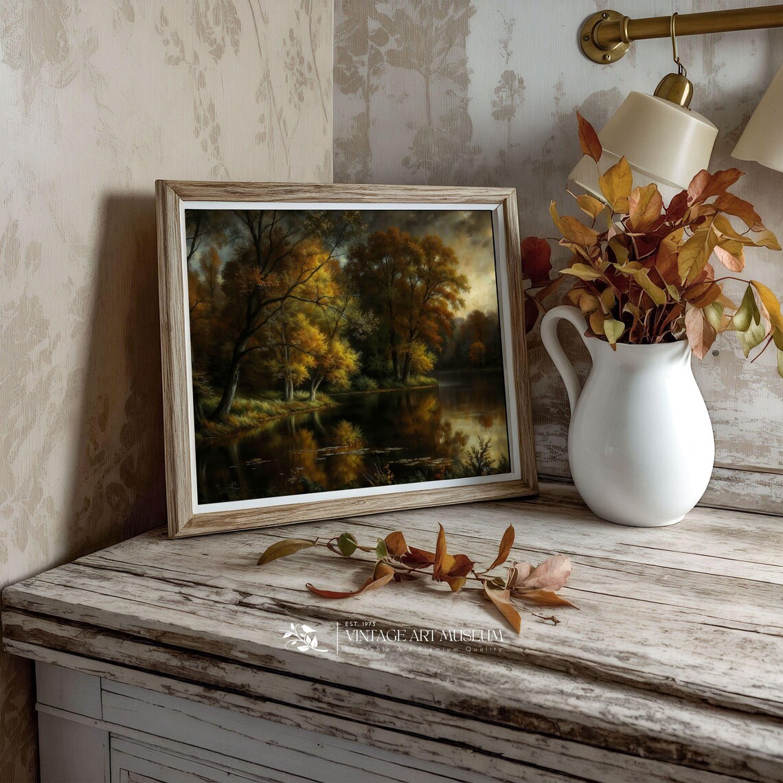 Dark Autumn River Moody Fall Forest Landscape Oil Painting Wall Art - Image 3