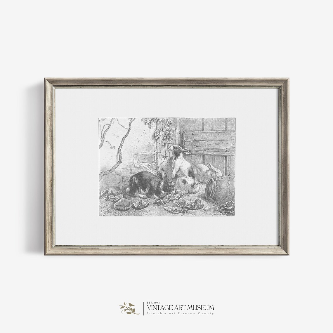 Rabbits Vintage Sketch Art Print, Farmhouse Decor