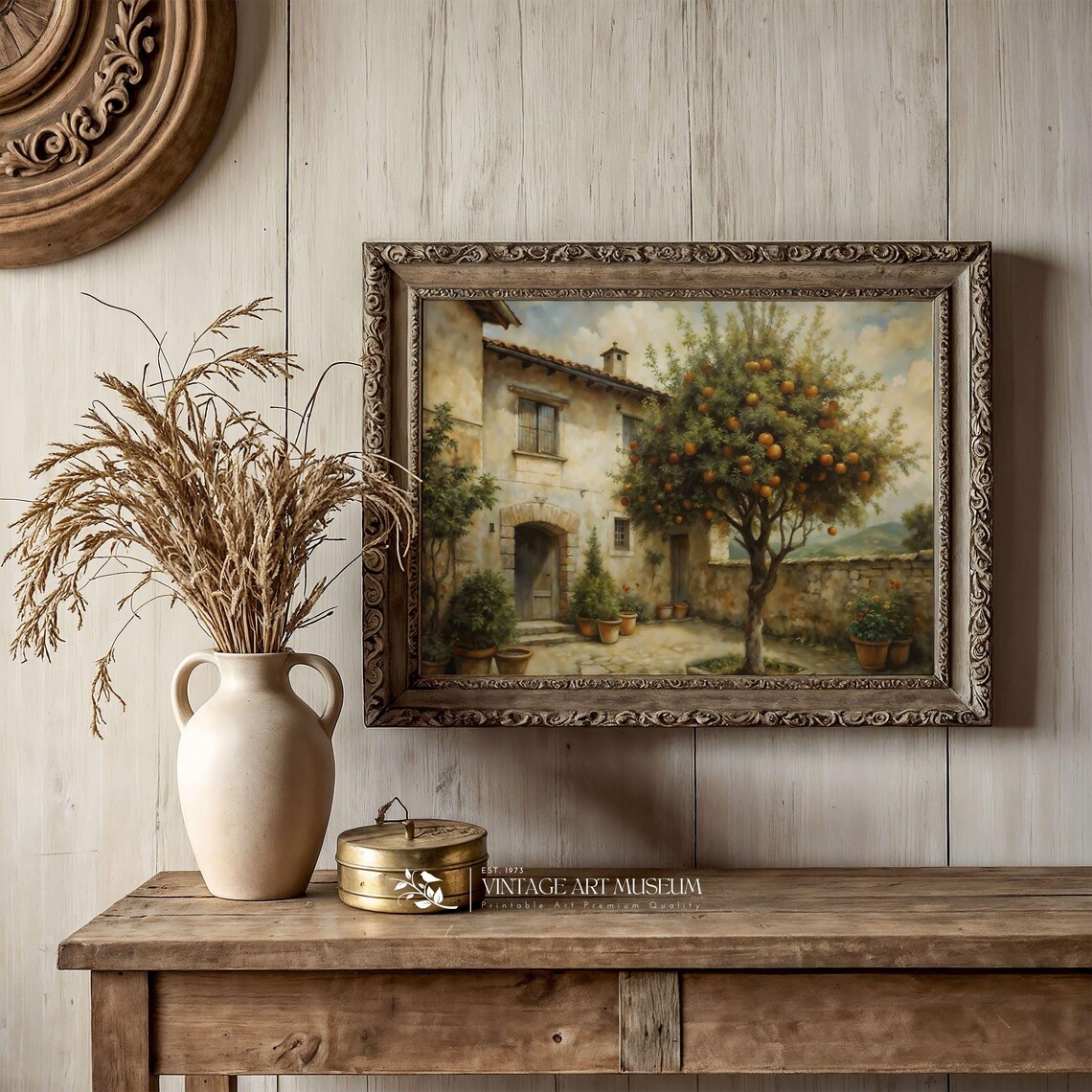 Italian Farmhouse Courtyard With Orange Tree Vintage Sunlit Art Poster - Image 3