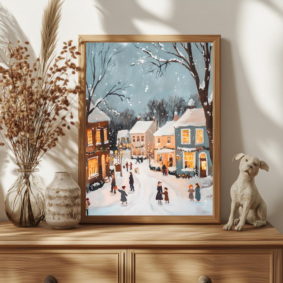Snowy Village Winter Street Families and Glowing Windows Poster - Image 3