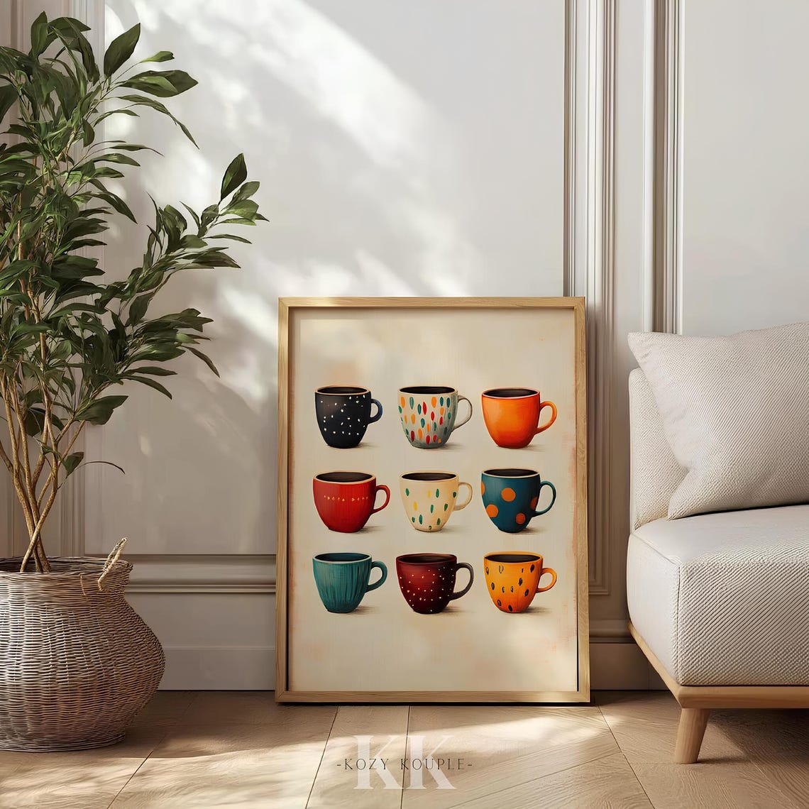 Nine Colorful Coffee Mugs Grid Retro Dotted Kitchen Wall Art - Image 4