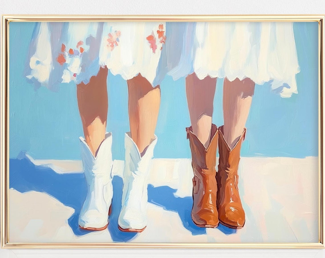 Coastal Cowgirl Poster Print Trendy Boots Decor Preppy Cowgirl Dorm Room Art Girly Aesthetic In Blue And Pink