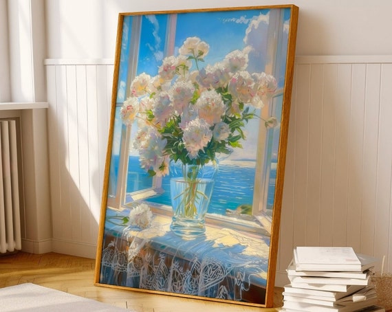 White Vintage Still Life Flowers Painting Moody Vase Painting Flowers By The Window Wall Art Antique Floral Art Print Interior Decor