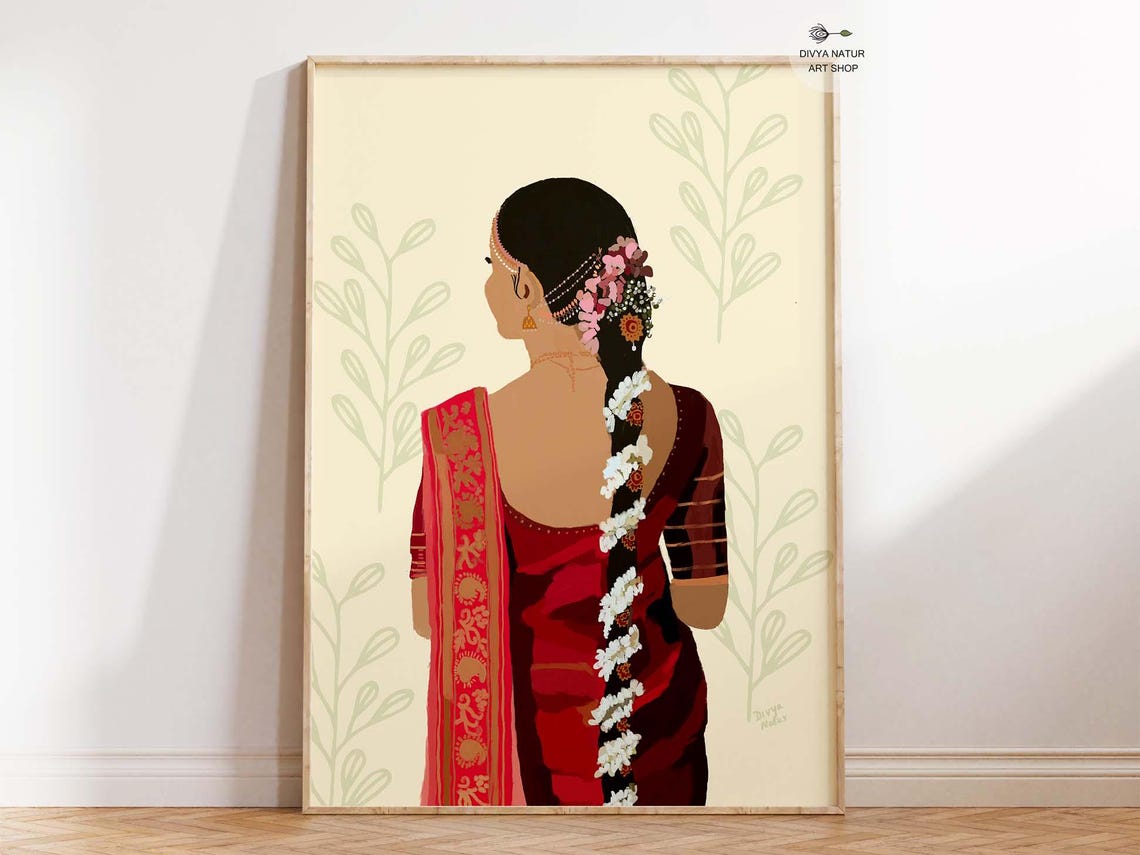 Traditional South Indian Bride Red Saree Flower Braid Art Poster