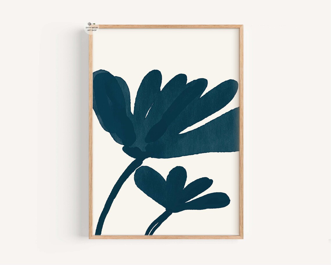 Navy Blue Floral Art Print Minimalist Botanical Wall Decor