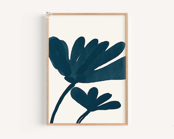 Minimalist Navy Blue Botanical Silhouette Floral Ink Art Print