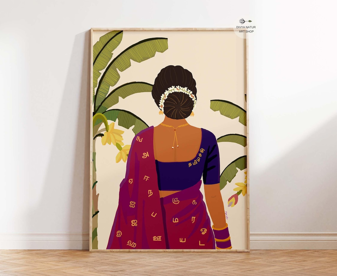 Tamil Woman Art Print, South Saree Alphabet Portrait