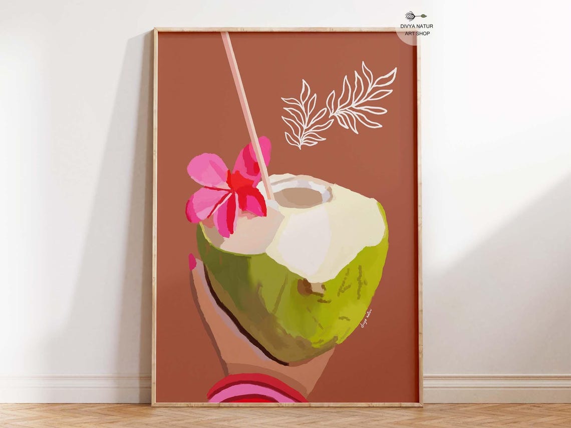 Fresh Tender Coconut Drink With Pink Flower Summer Art Poster