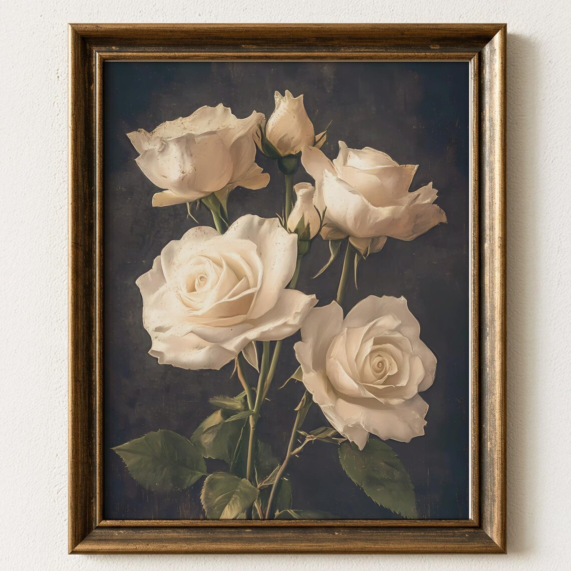 Vintage White Roses Dark Moody Background Elegant Floral Poster
