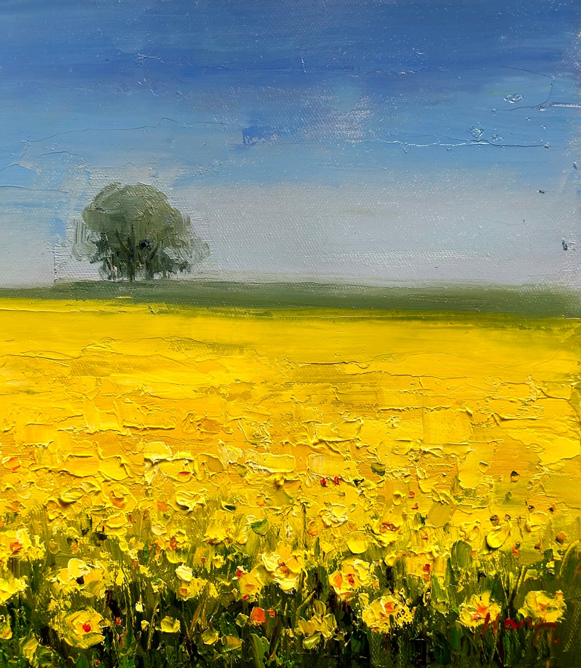 Bright Yellow Rapeseed Field With Lone Tree Under Blue Sky Poster - Image 4