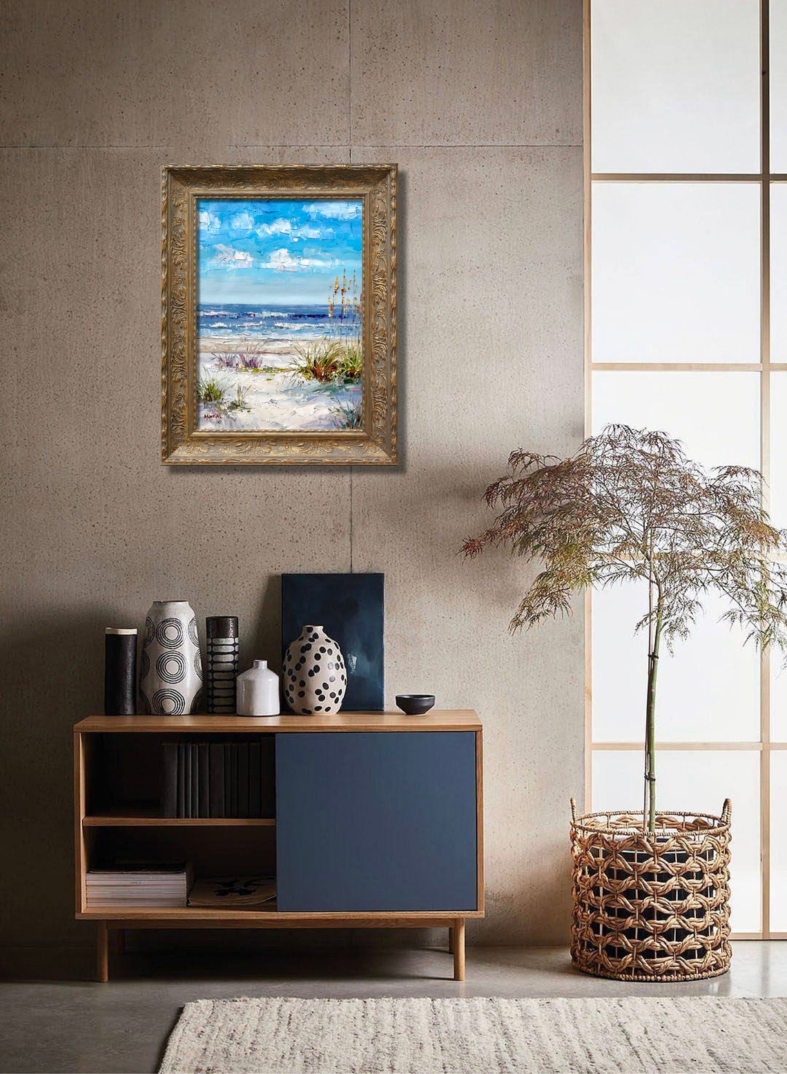 Beach Dunes Sea Oats Ocean Waves Coastal Landscape Oil Poster - Image 2