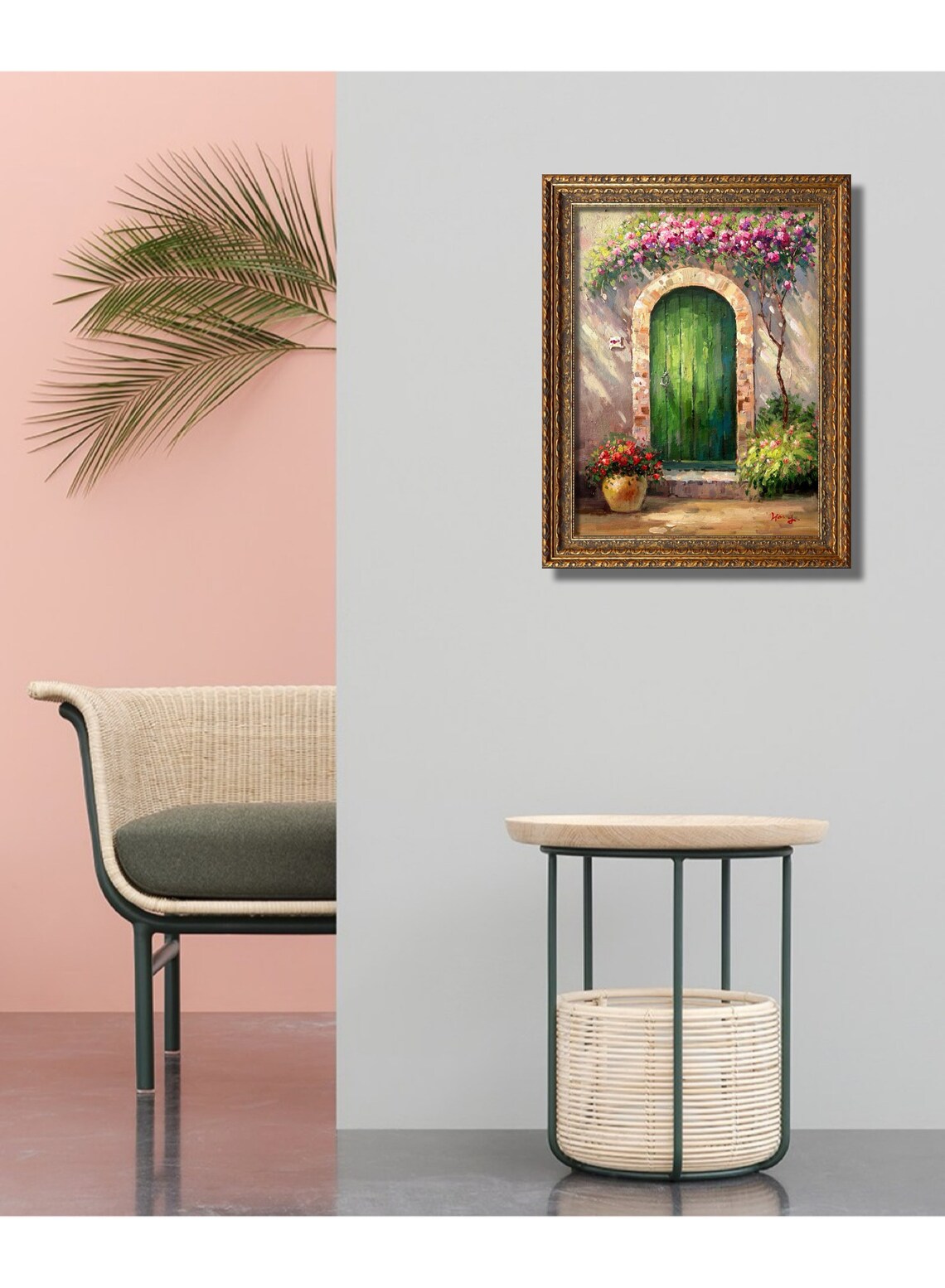 Mediterranean Green Door With Pink Bougainvillea Flowers Oil Poster - Image 5