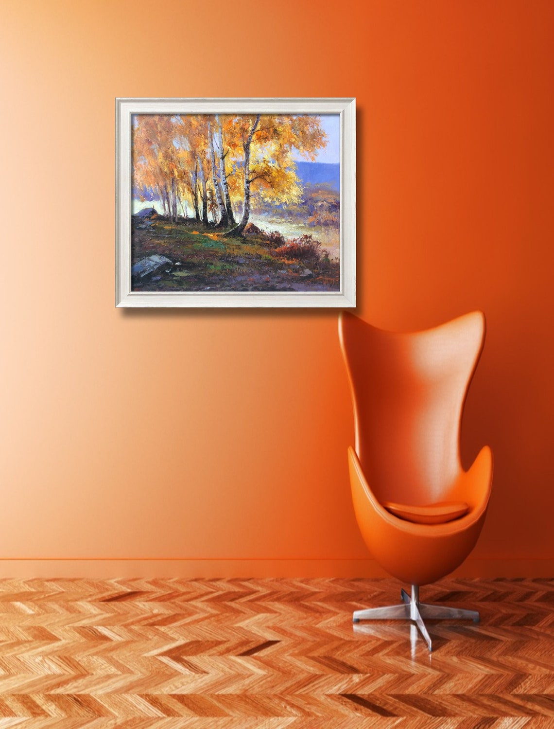 Golden Autumn Birch Trees Forest Misty Hillside Landscape Poster - Image 5