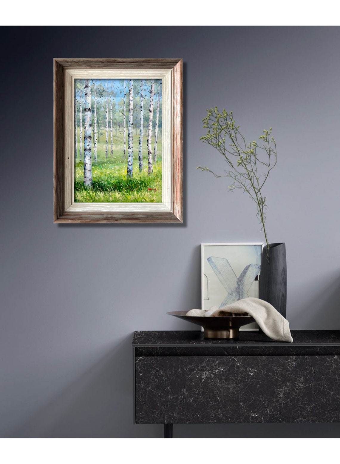 White Birch Forest In Spring Green Meadow Landscape Oil Poster - Image 2