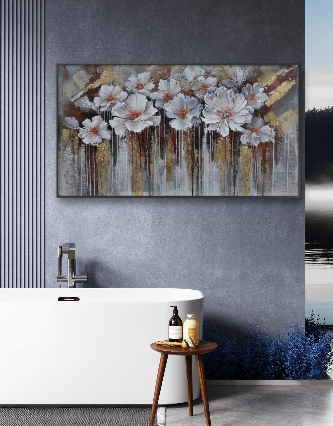 White Peony Blossoms With Dripping Gold Abstract Floral Wall Art - Image 2