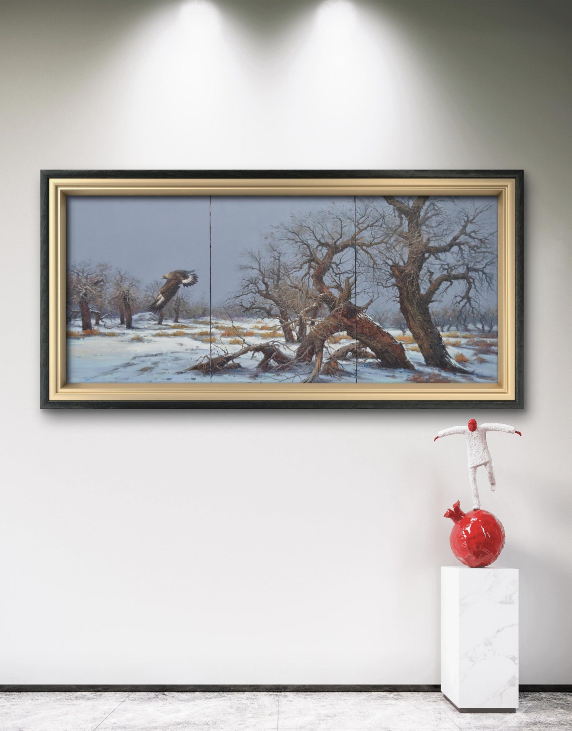 Eagle Flying Over Snowy Winter Forest Bare Trees Wildlife Art Print
