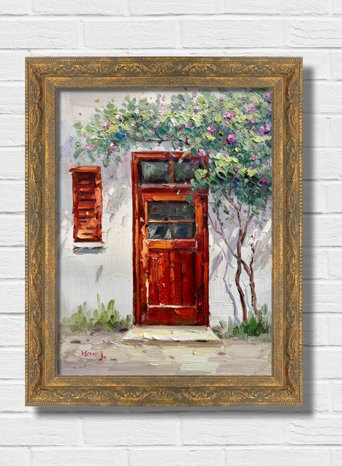 Rustic Red Wooden Door Flowering Tree Charming Cottage Art Print