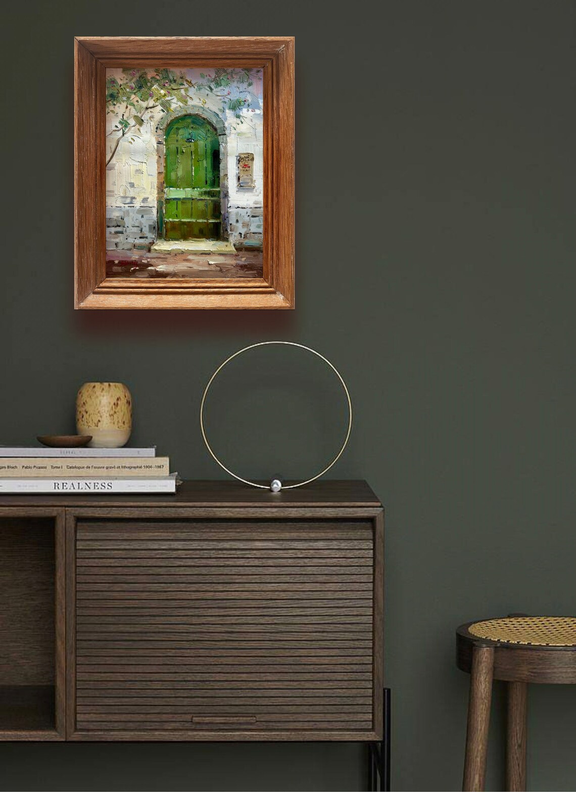 Green Arched Wooden Door Old White Wall Mediterranean Art Print - Image 2