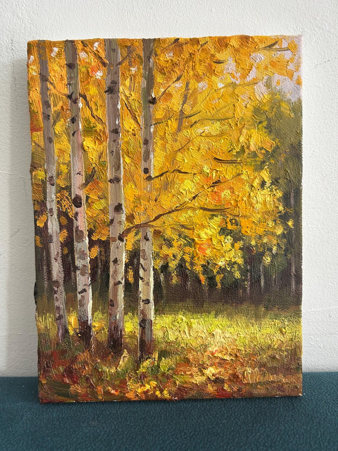 Golden Birch Trees Oil Painting Sunlit Autumn Trunks Forest Poster - Image 4